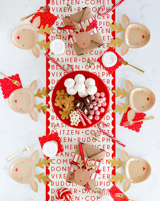 Red and White Reindeer name table runner