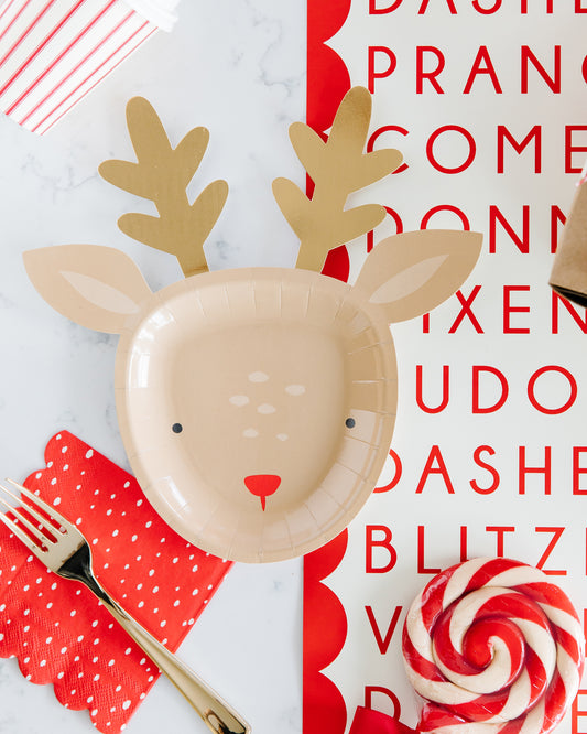 reindeer shape party paper plate. brown with gold antlers.