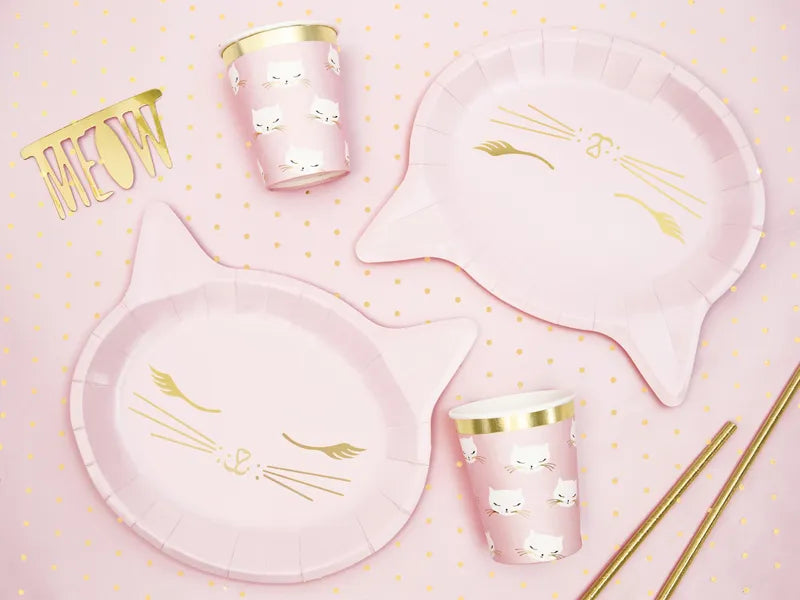 Cat theme table setting with cat shape plate and cat design paper cups with gold straws.