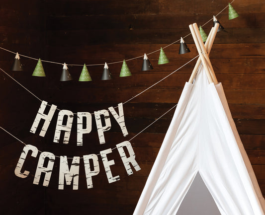 Cone banner approximately 6 feet long (Cones are 3.5 inches tall, 6 trees and 6 mountains). Happy Camper banner with teeppee in picture
