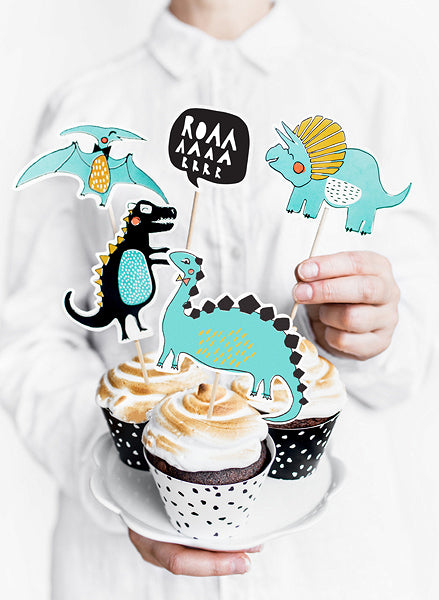 Mix of Dinosaur Cake topper designs. Colour scheme mint green, black, accents of yellow and white.