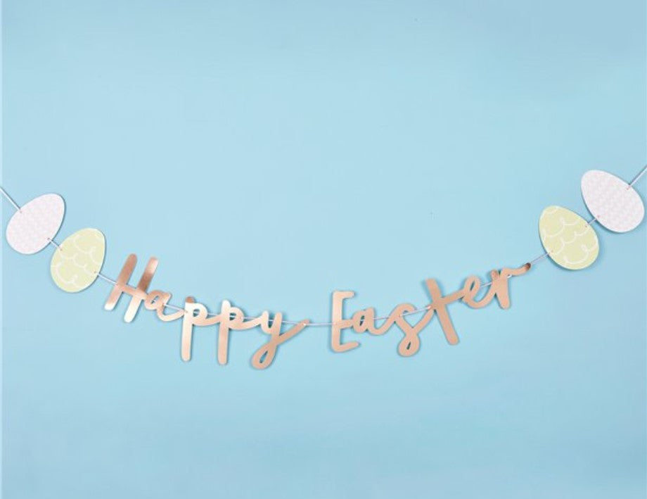 Rose gold Happy Easter Text banner with two pastel colour easter eggs either side.