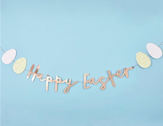 Rose gold Happy Easter Text banner with two pastel colour easter eggs either side.