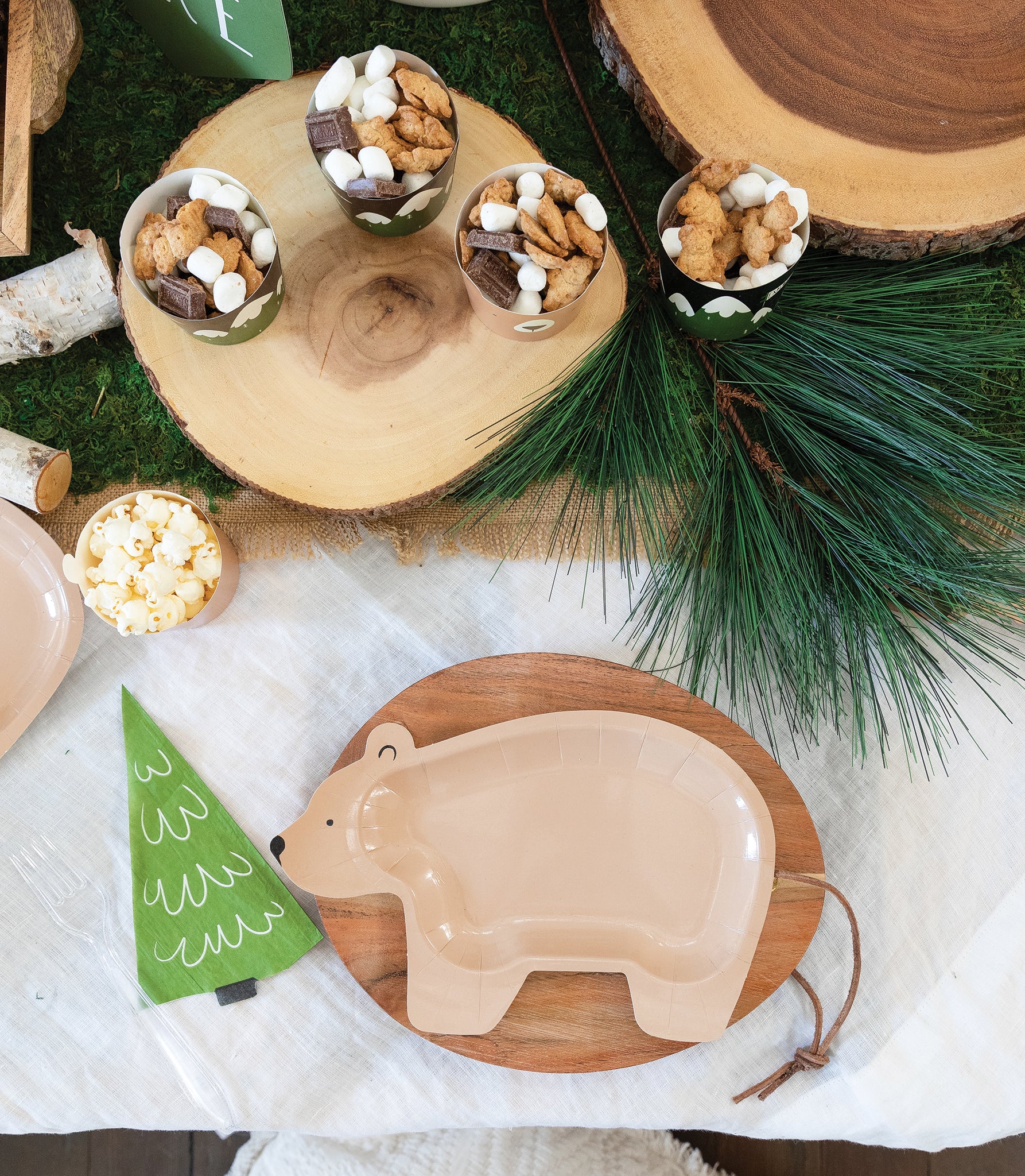 brown Bear shaped paper plate with tree shaped napkin. Part of the adventure/ happy camper party collection.