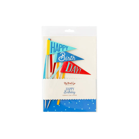 Shades of Blue Happy Birthday Flag Pennant Cake topper.  7, 8, and 9 inches tall, each pennant has 3 ribbons.