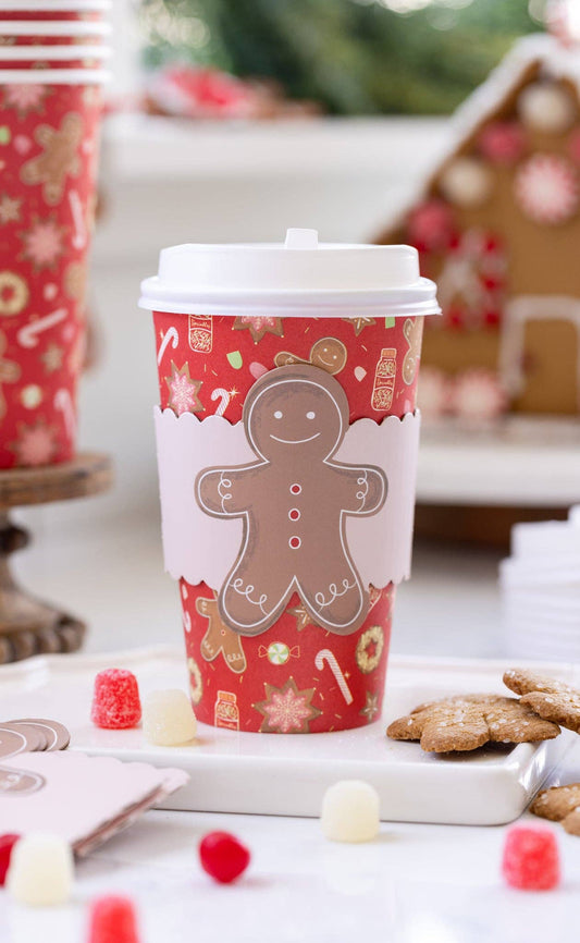 Gingerbread man design to-go party cups with matching design sleeve and cups