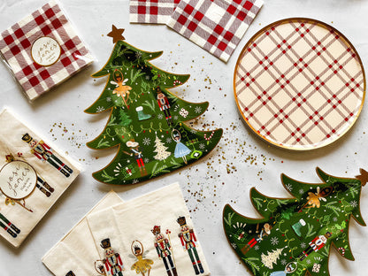 Nutccraker elegance party theme with plaid plates and christmas tree-shape paper plate