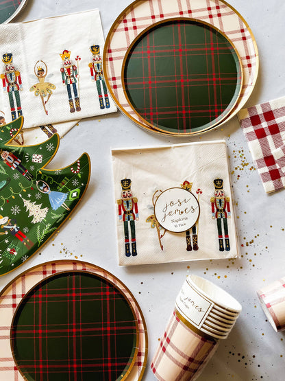 8 x Dark Green and Red Plaid Farmhouse Christmas Paper Plates Measuring 7". Nutcracker Theme Table Set-up