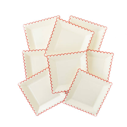 Pack of 8 9 inch square scalloped white paper plates with red trim