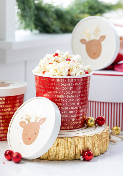 6 x Dear Rudolph design take out cups with matching lids. Red Base colour with gold reindeer names printed. reindeer picture printed on lid