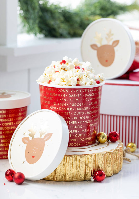6 x Dear Rudolph design take out cups with matching lids. Red Base colour with gold reindeer names printed. reindeer picture printed on lid