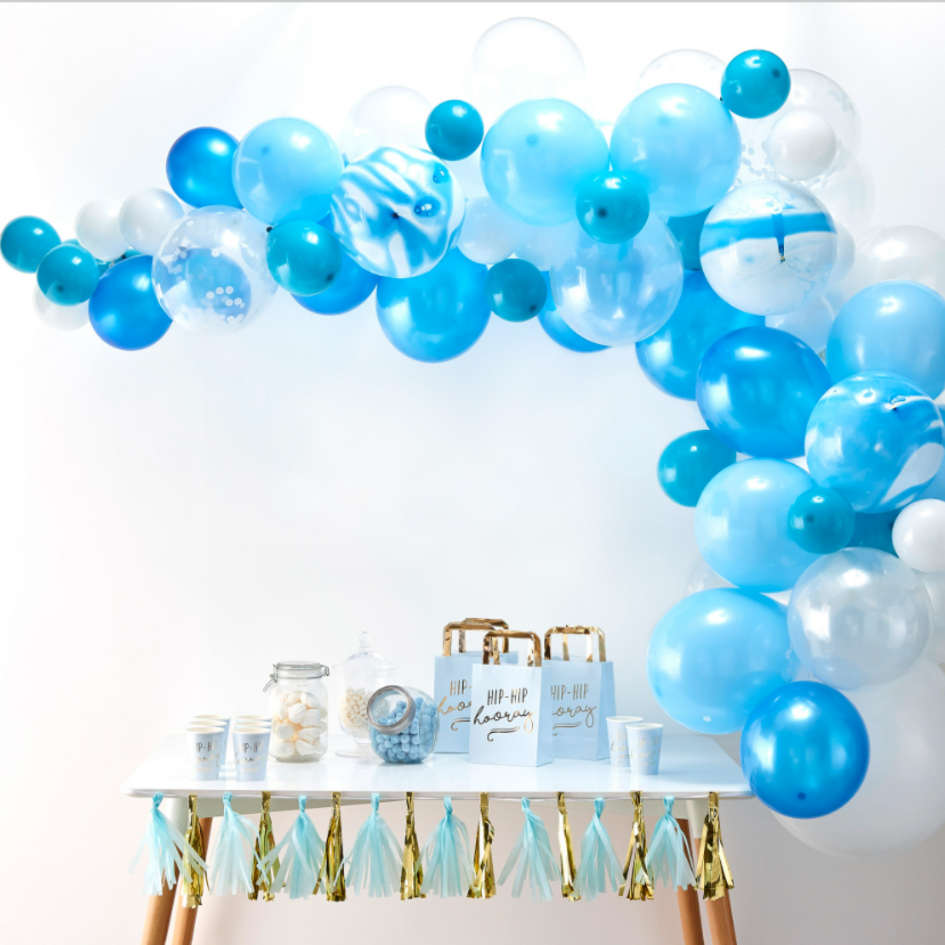 70 piece balloon garland kit. various shades of blue, marble and white, this DIY kit will be a sure hit at your next party