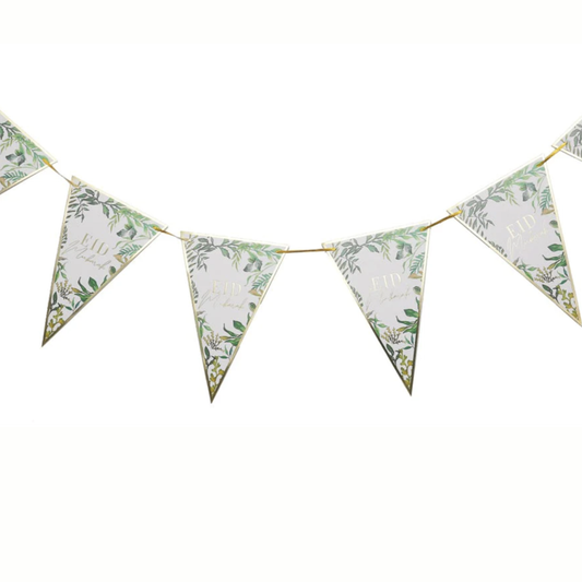 Green leaf and Gold Eid Mubarak Triangle Shape Bunting. Suitable for venue and home hanging decorations