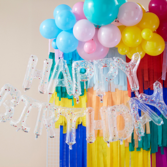 Rainbow Confetti filled Happy Birthday Balloon Banner