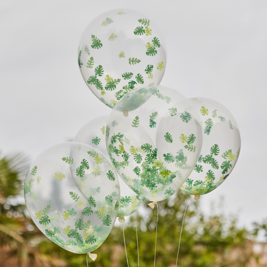 5 x 12” balloons with 2g of leaf-shaped confetti in each balloon.