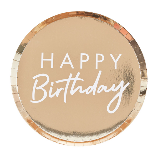 Shiny Gold Round Paper Plate with White 'Happy birthday' text