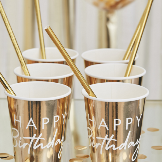 Gold Foil paper Cups with white happy birthday text