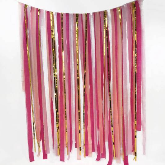 2 x Hot Pink Streamers 25m x 4cm 1 x White Streamer 25m x 4cm 1 x Light Pink Streamer 25m x 4cm 1 x Metallic Gold Foil Door Curtain (to be cut into sections) 1 x Roll of 30 metres Raffia String