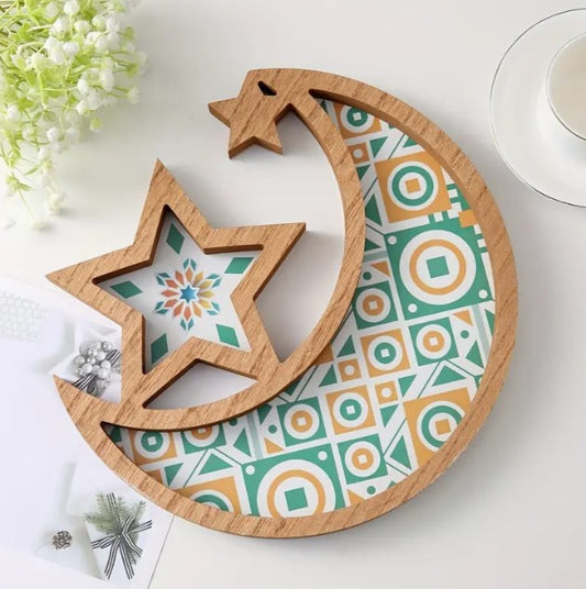 Wooden Green, White Theme Moon and Star Shape Tray