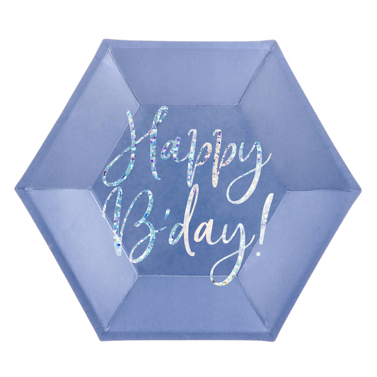 Navy blue hexagon plate with iriscendent Happy Birthday written across the middle