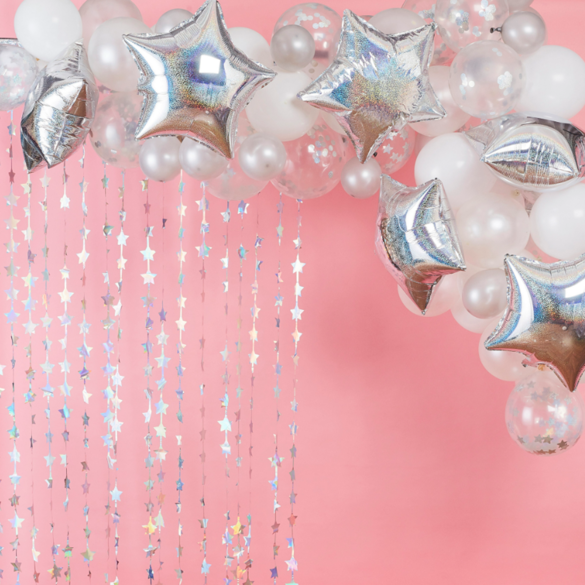 65 piece Iridescent Balloon Arch Kit. Mix of foil stars, confetti balloons, white and silver balloons