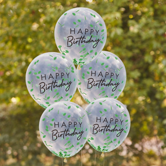 12 inch Happy Birthday Balloons. Clear Balloons with Gren Leaf Confetti. Perfect for a animal, jungle, safari theme inspired party
