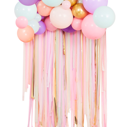 300 metres of pink, peach, cream, mint and purple crepe paper streamers, with 75 Pastel Balloons