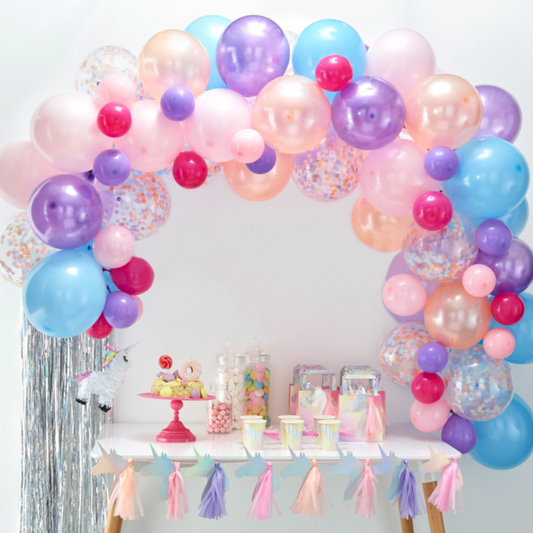 Pastel Balloon Arch Kit. 5inch and 12 inch DIY Pastel Balloon Arch Kit with purple, dark pink, light pink, blue and confetti balloons