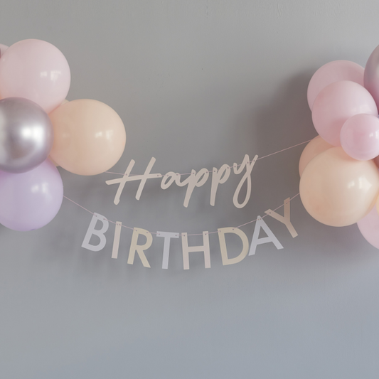 Happy Birthday Bunting Banner with Pastel Balloons. 24 pack