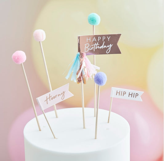 Pom Pom Happy Birthday Cake Toppers