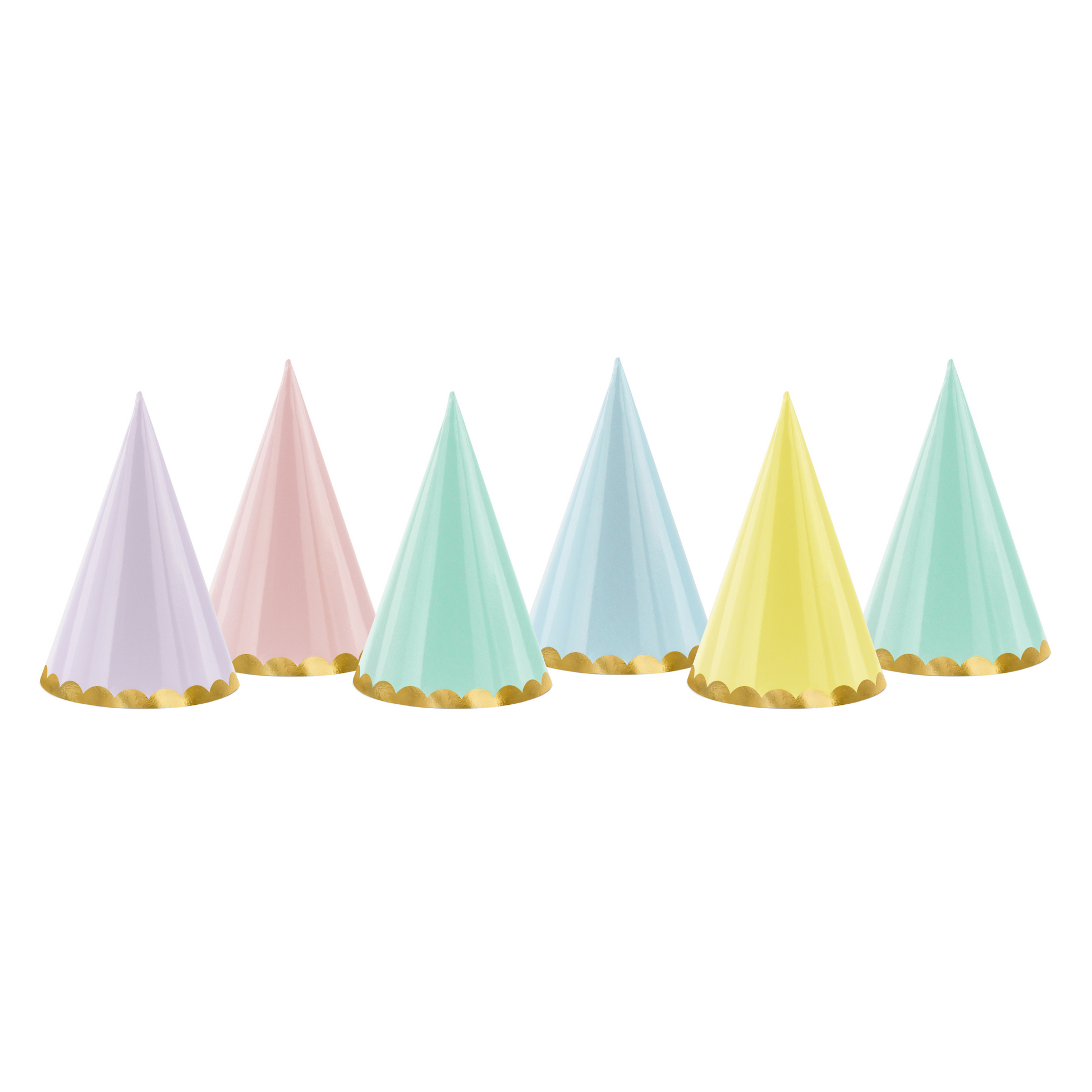 6 x Pastel Pink, Yellow, Blue, Mint, Lilac, Blue Party Hats with gold trim