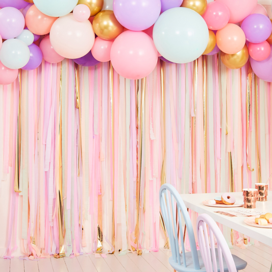 300 metres of pink, peach, cream, mint and purple crepe paper streamers, with 75 Pastel Balloons