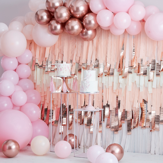 200 DIY Balloon Kit, with pink shades and chrome gold balloons. Tassels in image are not included.