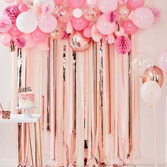 160 Pink, White, and Rose Gold confetti-filled balloons in 5 and 12inch. DIY Ceiling Balloon kit with tassels