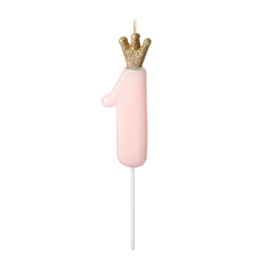 Pink number 1 candle with gold crown