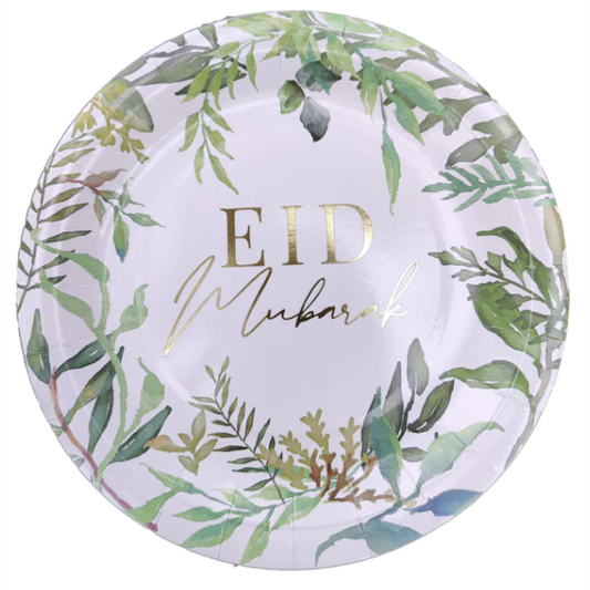 Green Leaf with Gold 'Eid Mubarak'Stamp wirting. 9inch paper plate for Eid