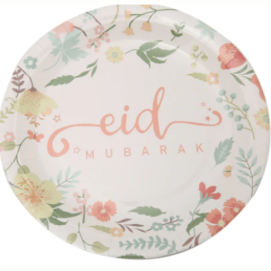 Pastel Floral Eid Mubarak Stamped 9inch Paper Plate, perfect for any Eid party. Pack of 10