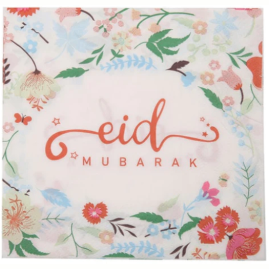20 pc of 33x33cm Pastel Floral Napkins with script and bold pastel coral red writing that spells 'eid mubarak'