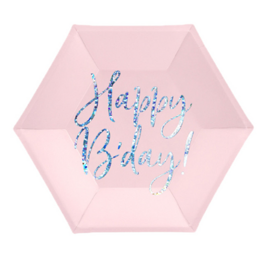 Pink Hexagon Silver Happy Birthday Plate