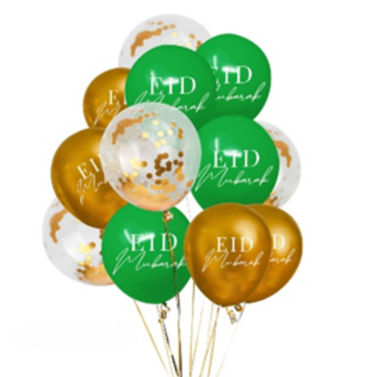 12 Pack of Green, Chrome Gold and Confetti Latex Balloon with Bold and Script style 'Eid Mubarak' writing. Double sided printed.