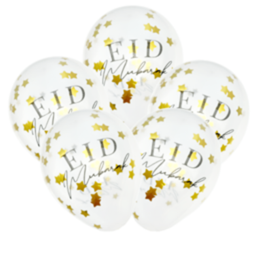 Gold star confetti latex balloons. 5 per pack