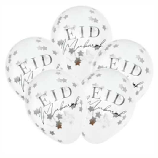 Silver Star Confetti Balloon with Bold and Script writing spelling Eid Mubarak. 5 in a pack.