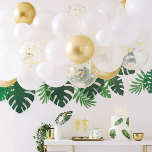 55 Gold and White Balloon Arch Kit with confetti balloons. (green leaves not included)