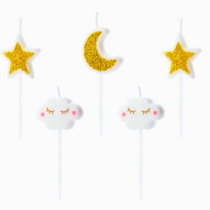 2 x sleepy white cloud shape candles, 2 x gold star candles, 1 x moon shape candle.