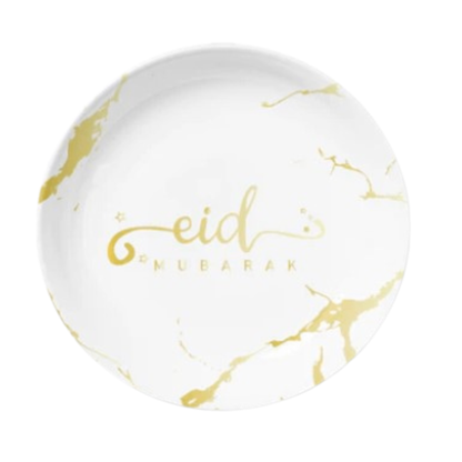 White and Gold Eid Mubarak 9 inch Paper Party Plate. Suitable for Food Use