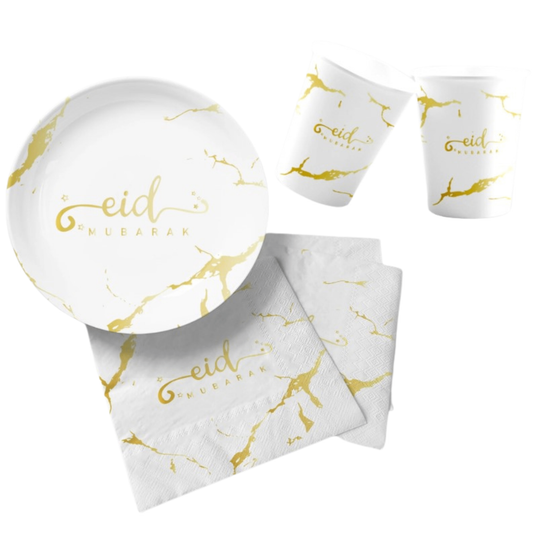 White and Gold Marble Effect Eid Mubarak Party Paper Plates, Cups and Napkin Sets. Suitable for Food use. Party products
