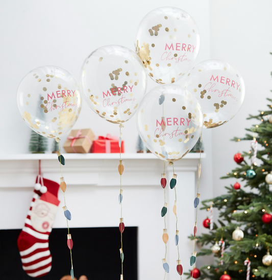 Merry Christmas Confetti Balloons with Light Bulb Balloon Tails