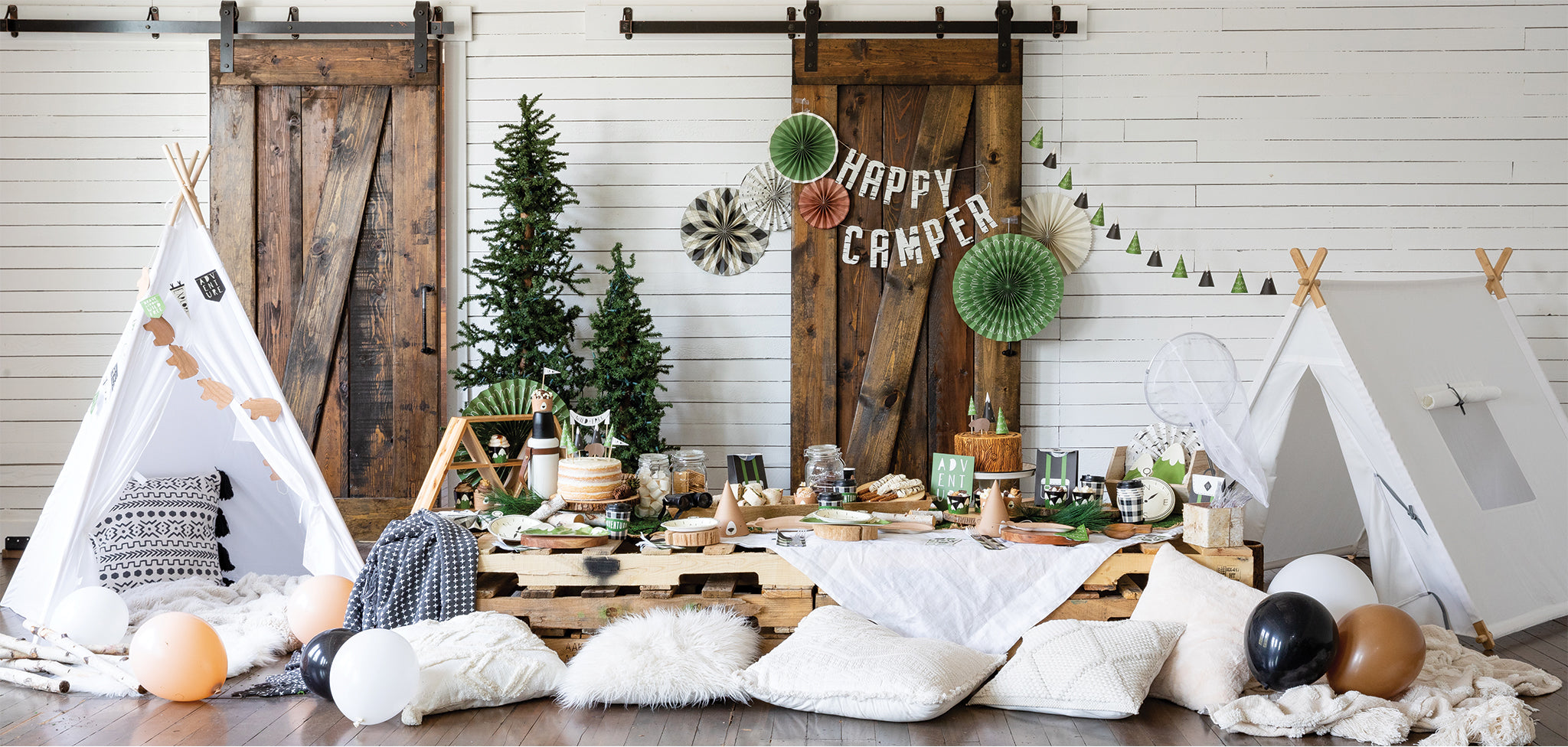 Discover the world of the Adventure/ Happy Camper Theme Party  with our ultimate collection of party boxes, paper plates, paper cups, napkins, balloons and hanging decor .