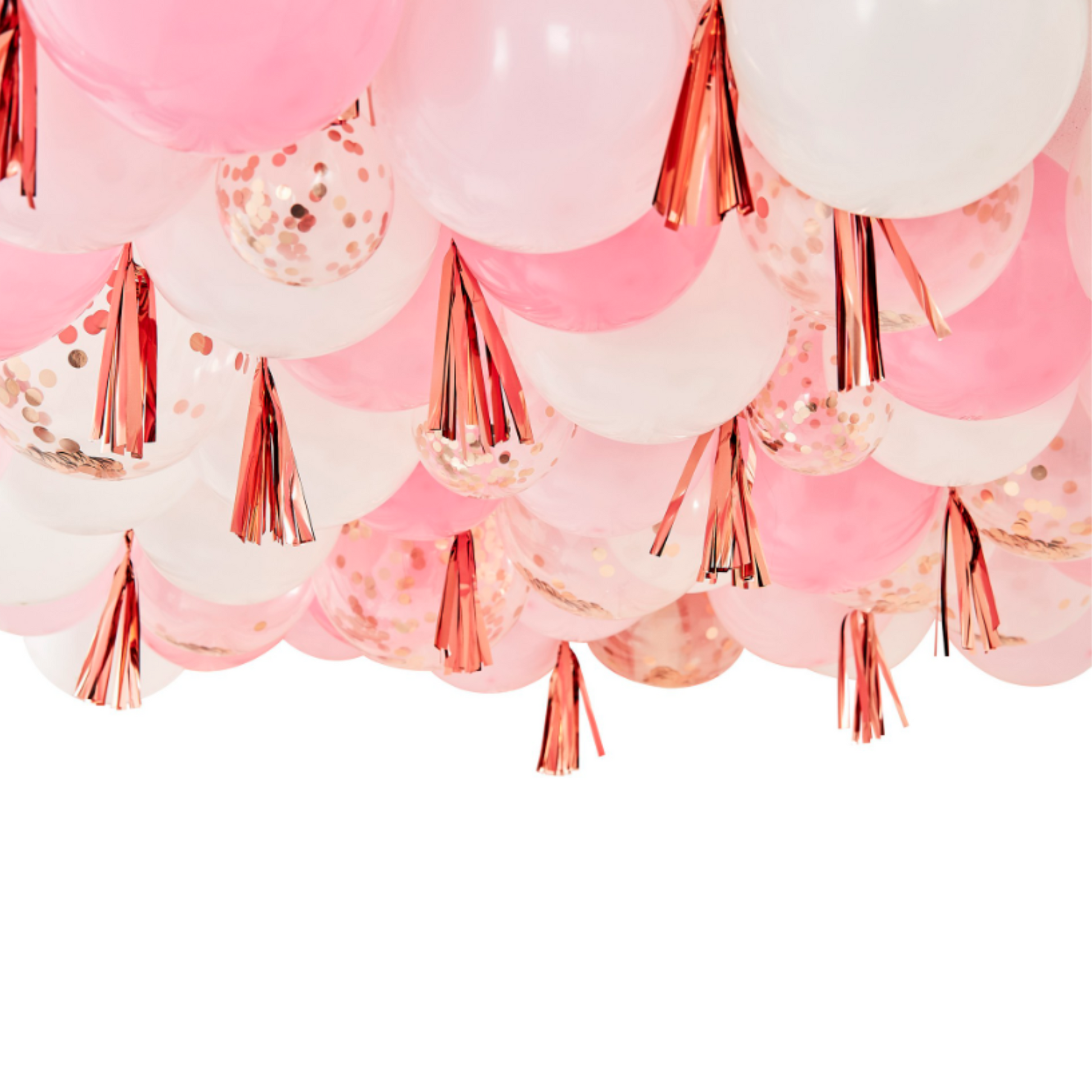 160 Pink, White, and Rose Gold confetti-filled balloons in 5 and 12inch with rose gold tassels