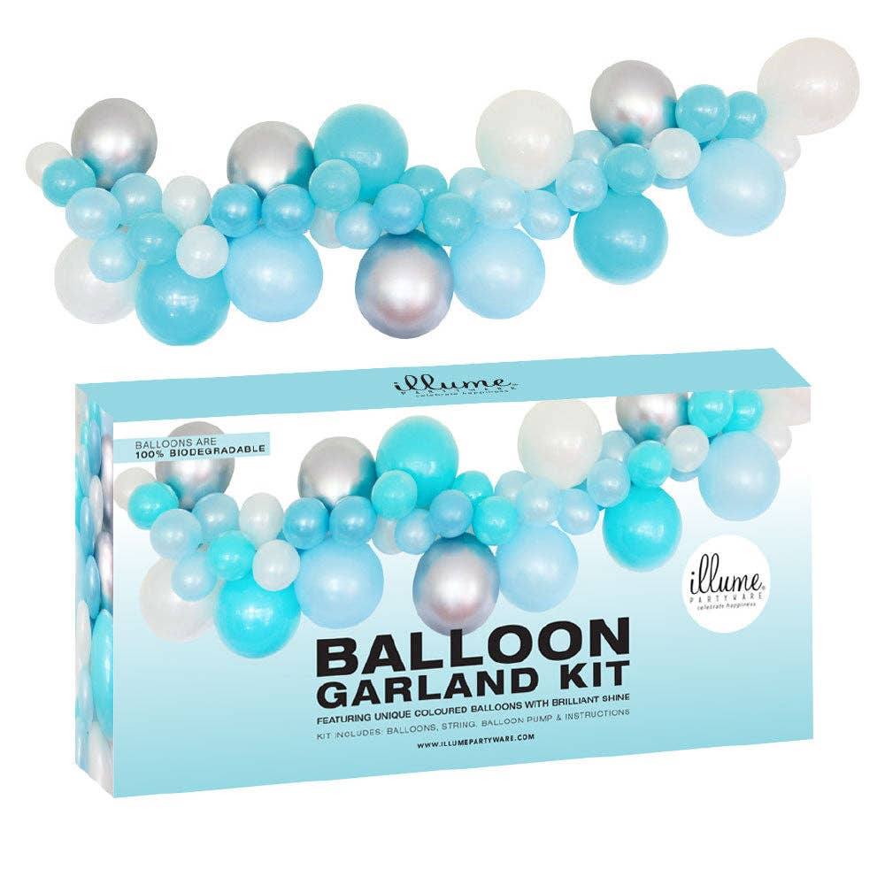 Various shades of blue, silver and white DIY balloon garland kit. Balloon kit comes with pump and twine. 